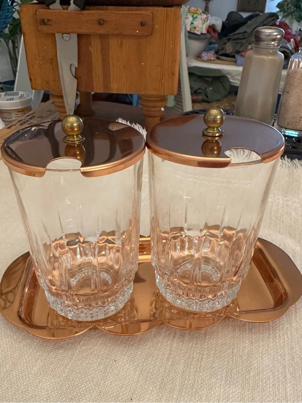 Coppercraft Arcoroc France Lidded Jelly Jars (set of 2) with brass tray